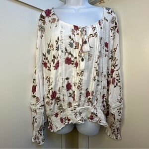 American Rag Floral Boho Blouse with Crochet Details - White and Red